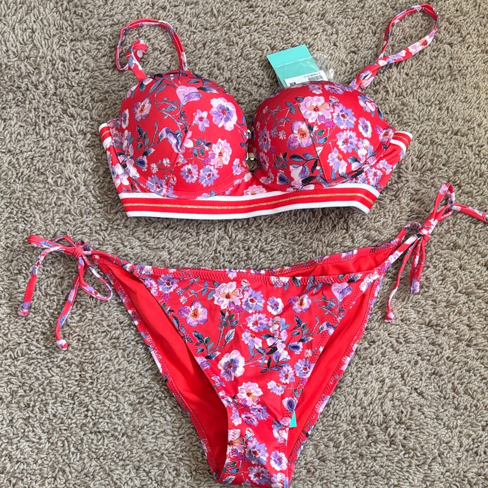 H&M Red Floral Padded Bikini Top and Tie-Side Bottoms